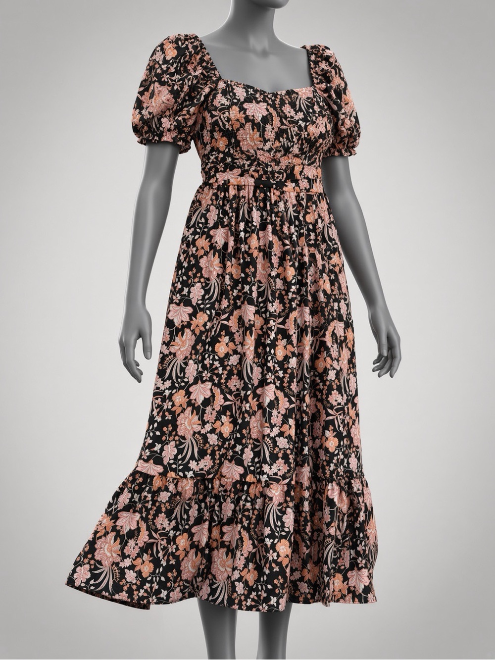 Maurices Black and Blush Floral Puff-Sleeve Midi Dress